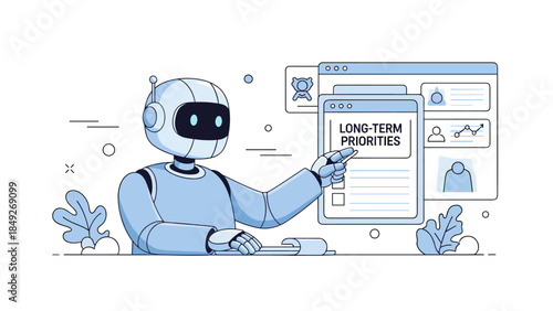 Blue robot focusing on long-term priorities with futuristic interface