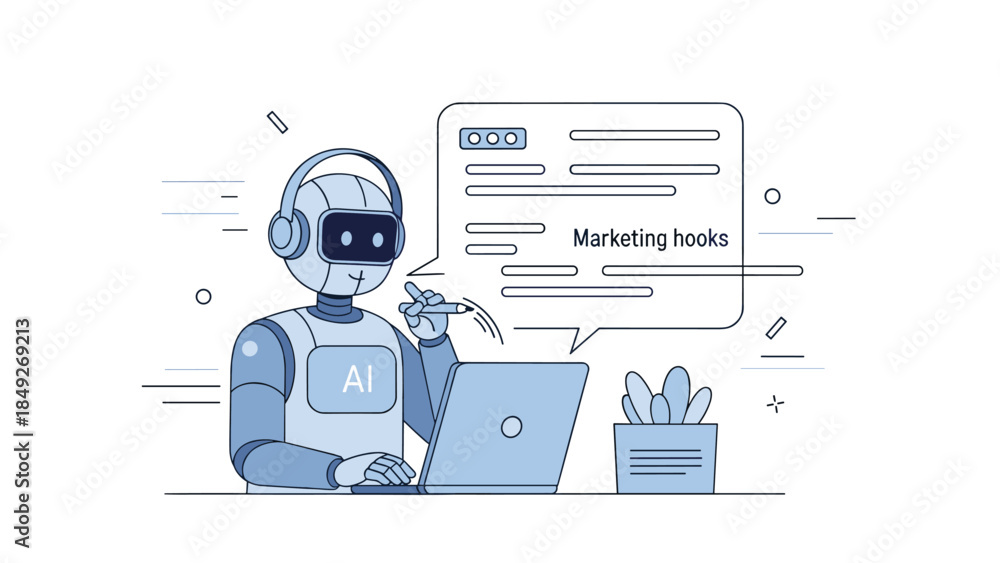 custom made wallpaper toronto digitalAi robot creating marketing content on laptop with speech bubble