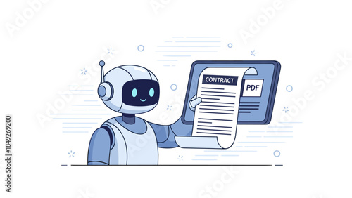Robot reading digital pdf contract on tablet