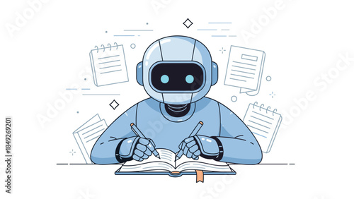 Cartoon robot writing in notebook surrounded by documents