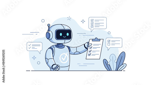 Robot analyzing checklist with futuristic interface and friendly expressions