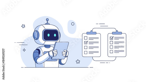 Friendly cartoon robot using a digital tablet for checklist management