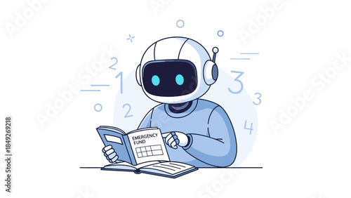 Robot reading book on emergency fund management with numbers surrounding