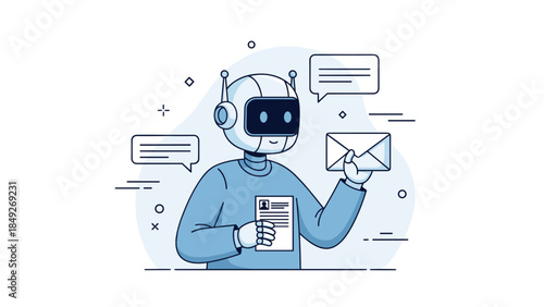 Futuristic robot delivering mail with speech bubbles