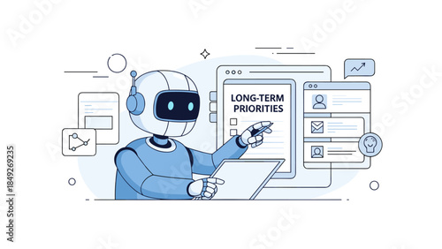 Ai robot analyzing business data on digital tablet with long-term priorities focus