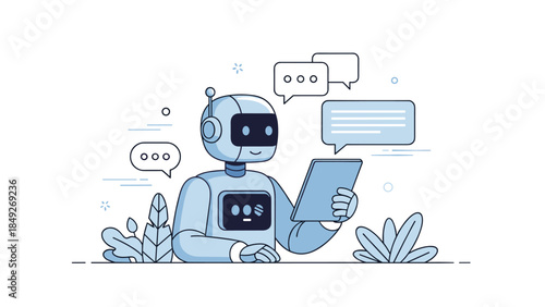 Friendly robot interacting with tablet among plants and speech bubbles
