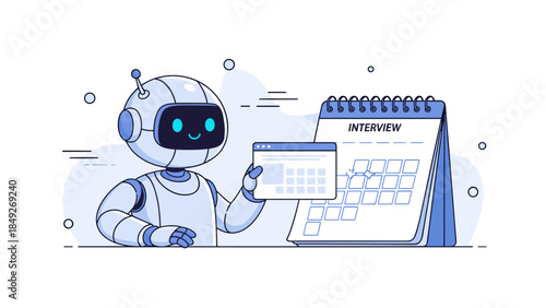 Friendly robot scheduling interview with digital calendar illustration