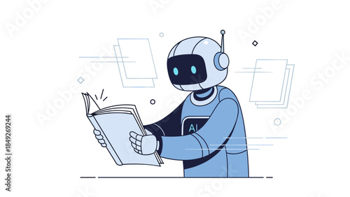 Cute ai robot reading a book with floating pages around