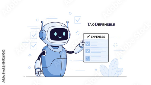 Cute robot assisting with tax and expense management in a digital setting