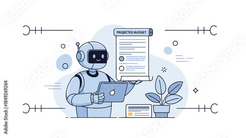 Robot analyzing projected budget with digital tablet and chart display