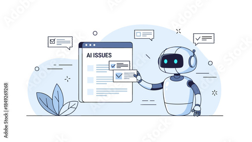 Friendly robot reviewing ai issues on screen in minimalist design