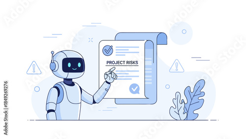 Robot analyzing project risks in futuristic technology setup