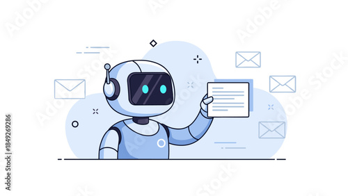 Cute robot holding document amidst floating envelopes in minimalist blue background