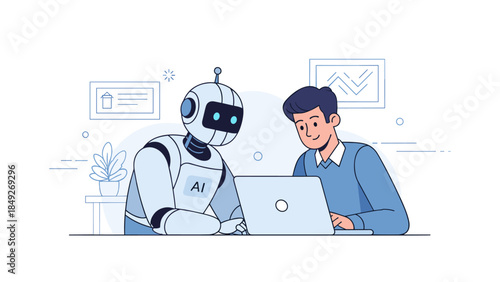 Male working with ai robot at desk using laptop for collaboration and innovation