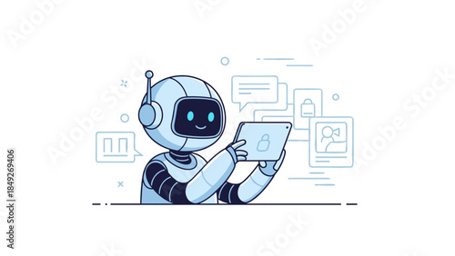 Adorable cartoon robot interacting with digital tablet in futuristic setting