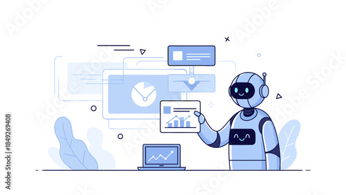 Smiling robot presenting data on futuristic digital interface in office setting
