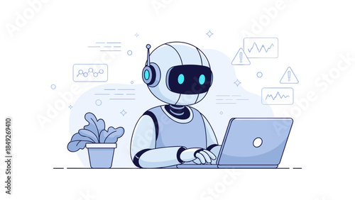 Cartoon robot working on laptop with plant and data icons