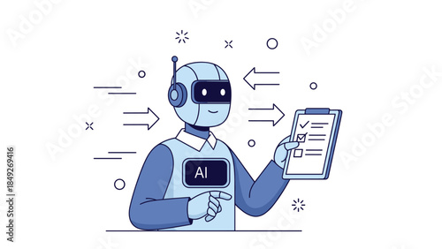 Ai robot holding checklist clipboard with headset and arrows indicating workflow