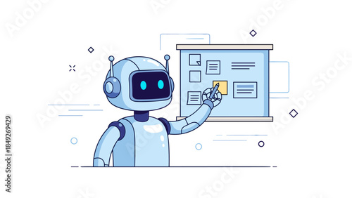 Cute robot interacting with digital interface display