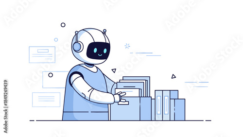 Cute robot organizing files in minimalist office environment