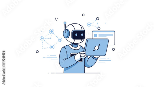 Futuristic robot with tablet exploring space-themed data visualization