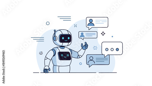 Friendly robot interacting with chat bubbles in a digital environment