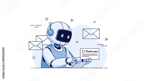 Robotic ai assistant writing a thank you card surrounded by envelopes
