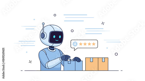 Cartoon robot reviewing packages with five-star rating