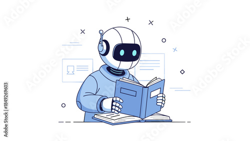 Robot reading a book in a minimalist illustration on white background