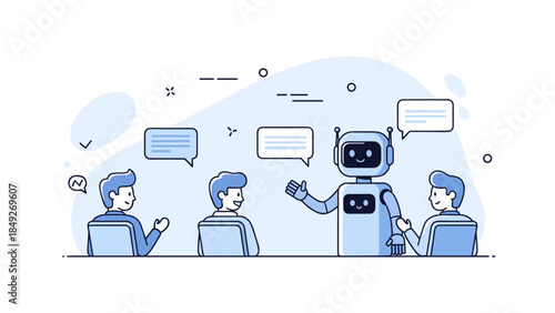 Cartoon robot interacting with office workers in conversation
