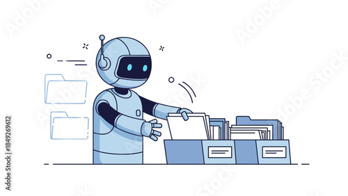 Robot sorting files: futuristic ai data management in action