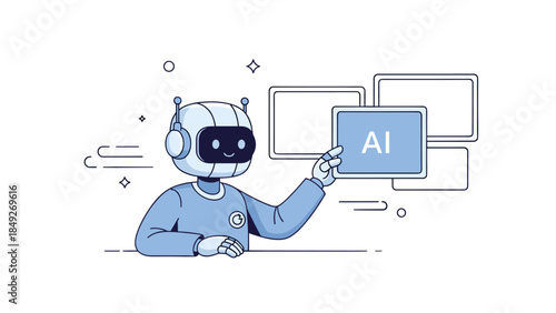 Cute robot drawing holding ai sign with smiling face and antennas