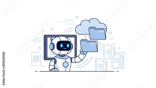Smiling ai robot sorting digital cloud folders with technology interface