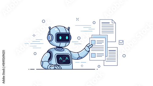 Illustration of smiling robot organizing documents with binary interface
