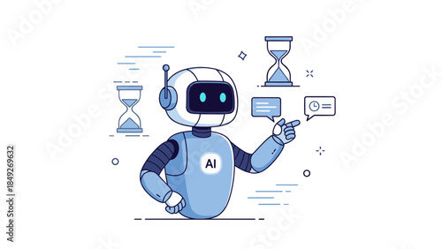Friendly blue robot interacting with communication icons and hourglasses
