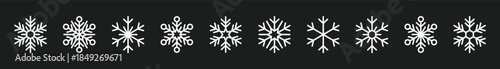 Minimalist Snowflake Icon Set Stylized Line Art for Winter, Seasonal, and Holiday-Themed Digital Design, Decoration, and Educational Use Layout on Black Background