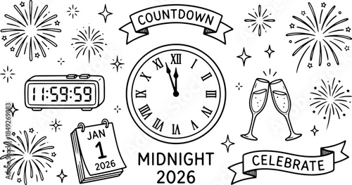 Vector set of vintage retro clock and labels illustration featuring time business alarm watch sign minute deadline stamp symbol concept money timer icon office