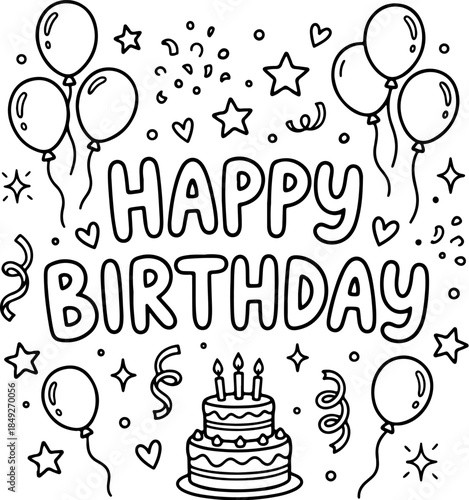 Vector illustration of a happy birthday greeting card design featuring colorful celebration balloons and decorative party art stickers for a holiday event