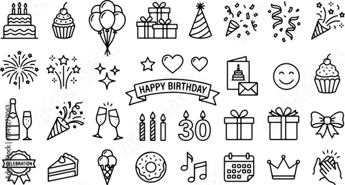 Set of vector icons and silhouette illustrations featuring ancient city travel signs, holiday party symbols, and black wedding cake design elements for a Christmas gift