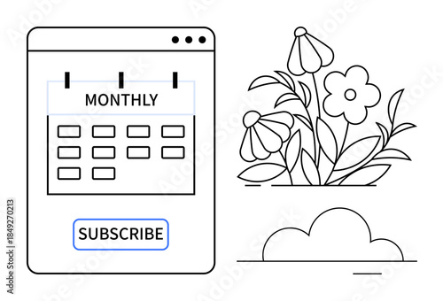 Business planning, subscription services, growth, scheduling, renewal, productivity. Monthly calendar with subscribe button and floral graphics. Subscription services and growth concept