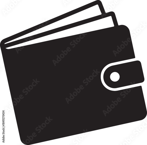 Minimalist black silhouette icon of a closed wallet with cash and cards visible, representing finance, payment, and savings on a clean background