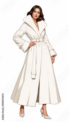 Stylish Woman in Elegant White Full-Length Trench Coat with Belted Waist and High Collar Looking Confidently Forward Against a Simple Background