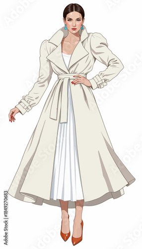 Elegant Fashion Illustration of a Stylish Woman in a Long Belted Trench Coat with Statement Earrings and Classic Heels