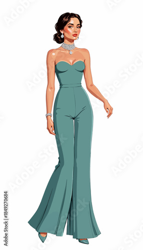 Elegant woman in a sophisticated teal jumpsuit with a strapless sweetheart neckline, adorned with glamorous accessories, exuding confidence and timeless style
