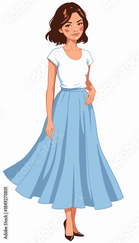 Illustration of a Stylish Woman in White Top and Flowing Blue Skirt with Elegant Pose on a Clean White Background