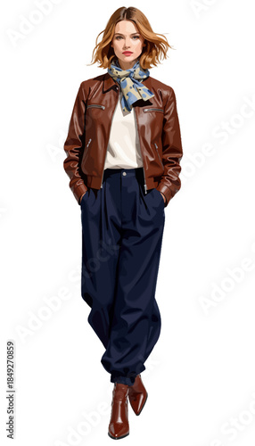 Stylish Woman in Brown Leather Jacket, Blue Scarf, White Shirt, Navy Pants, and Brown Boots Showcasing Trendy Autumn Fashion Style
