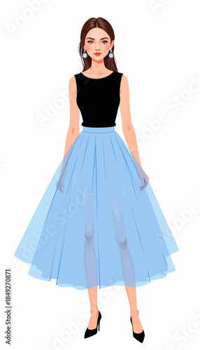 Elegant fashion illustration of a woman modeling a sleeveless black top paired with a flowing blue tulle skirt and black heels