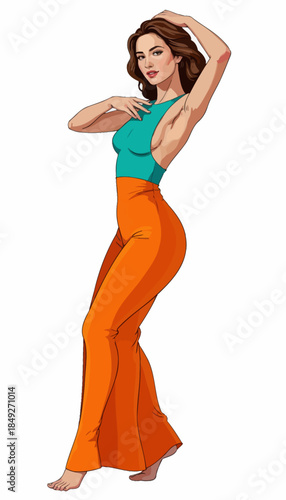 Elegant Fashion Illustration Featuring a Stylish Woman in Colorful Modern Attire Striking a Poised, Graceful Pose Highlighting Contemporary Design