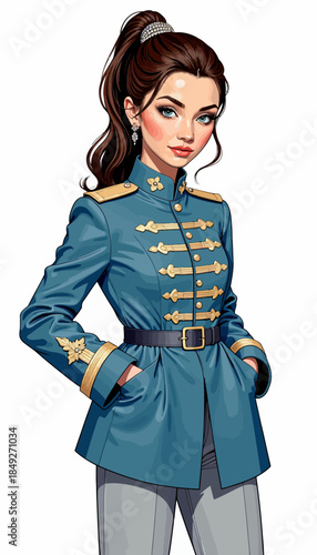Illustration of a confident woman in a stylish blue military-style jacket with intricate gold detailing, her hands casually tucked into pockets with an elegant expression