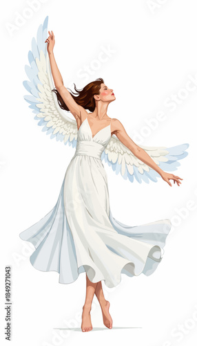 Graceful depiction of an ethereal woman with angelic wings, captured in a serene and elegant pose, embodying a sense of tranquility and celestial beauty